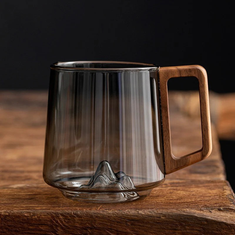 Guanshan Glass Single-Layer Side Wooden Handle Drinking Cups Household Large-Capacity Milk Tea Juice Single-Layer Cup Kitchen Gadgets
