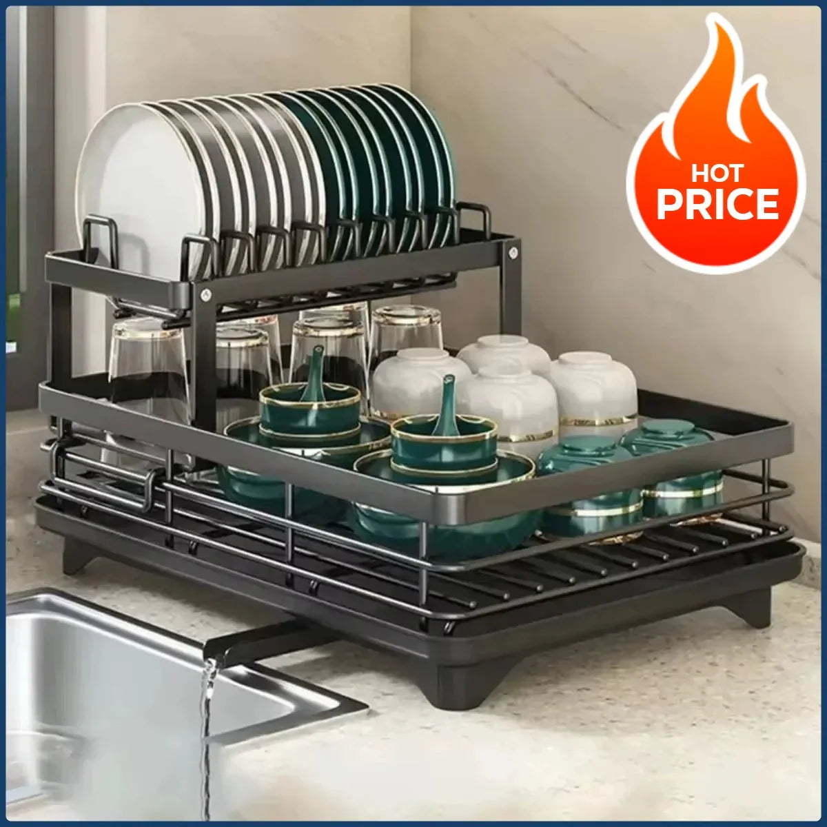 Adjustable 2-Tier Dish Drainer Rack – Space-Saving Kitchen Organizer for Plates, Cups & Cutlery