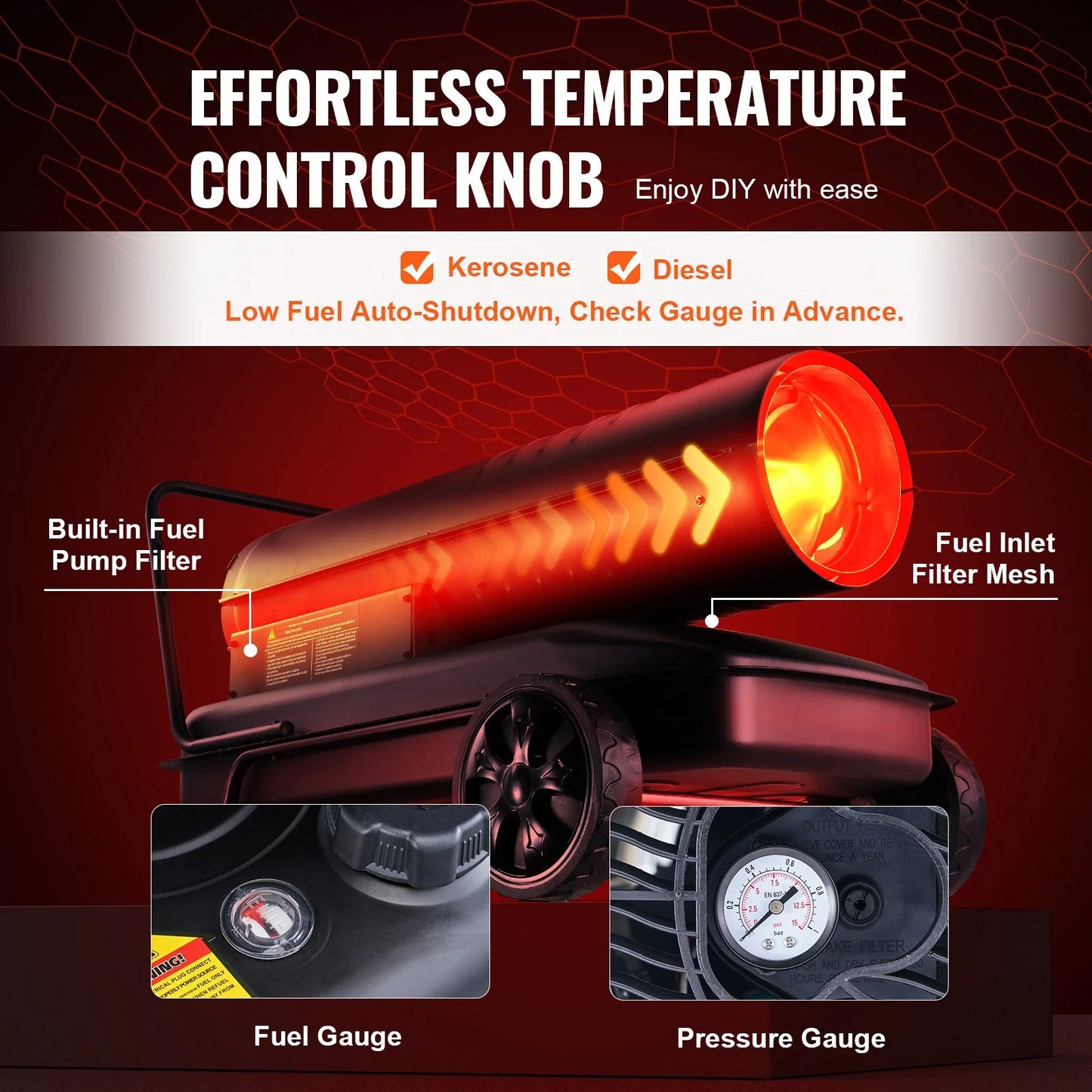 VEVOR Kerosene Forced Air Heater, 175000 BTU Portable Air Space Heater with Thermostat, 13.2 Gallon Tank Energy-Efficient Heavy-Duty Heater, for Indoor Outdoor Use Workshop Industry