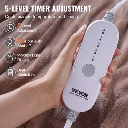 VEVOR Heated Blanket Electric Throw, 100 X 90 King Size, Soft Flannel Heating Blanket with 10 Hours Timer Auto-Off & 5 Heating Levels, Dual Control, Machine Washable, ETL & FCC Certification (Beige)