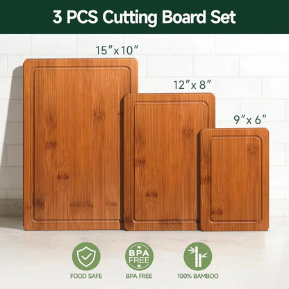 3-Piece Set Bamboo Cutting Board for Kitchen - Crack-Resistant Wood Chopping Boards with Deep Juice Grooves, Pre-Oiled Butcher Block for Meat, Vegetables & Cheese, Carbonized