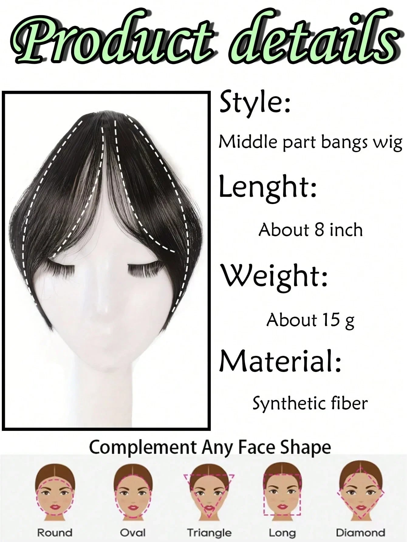 Synthesis Wig Middle-Part Bangs Hair Extensions Clip in Forehead Natural Seamless French Oblique Bangs Eight-Character Bangs