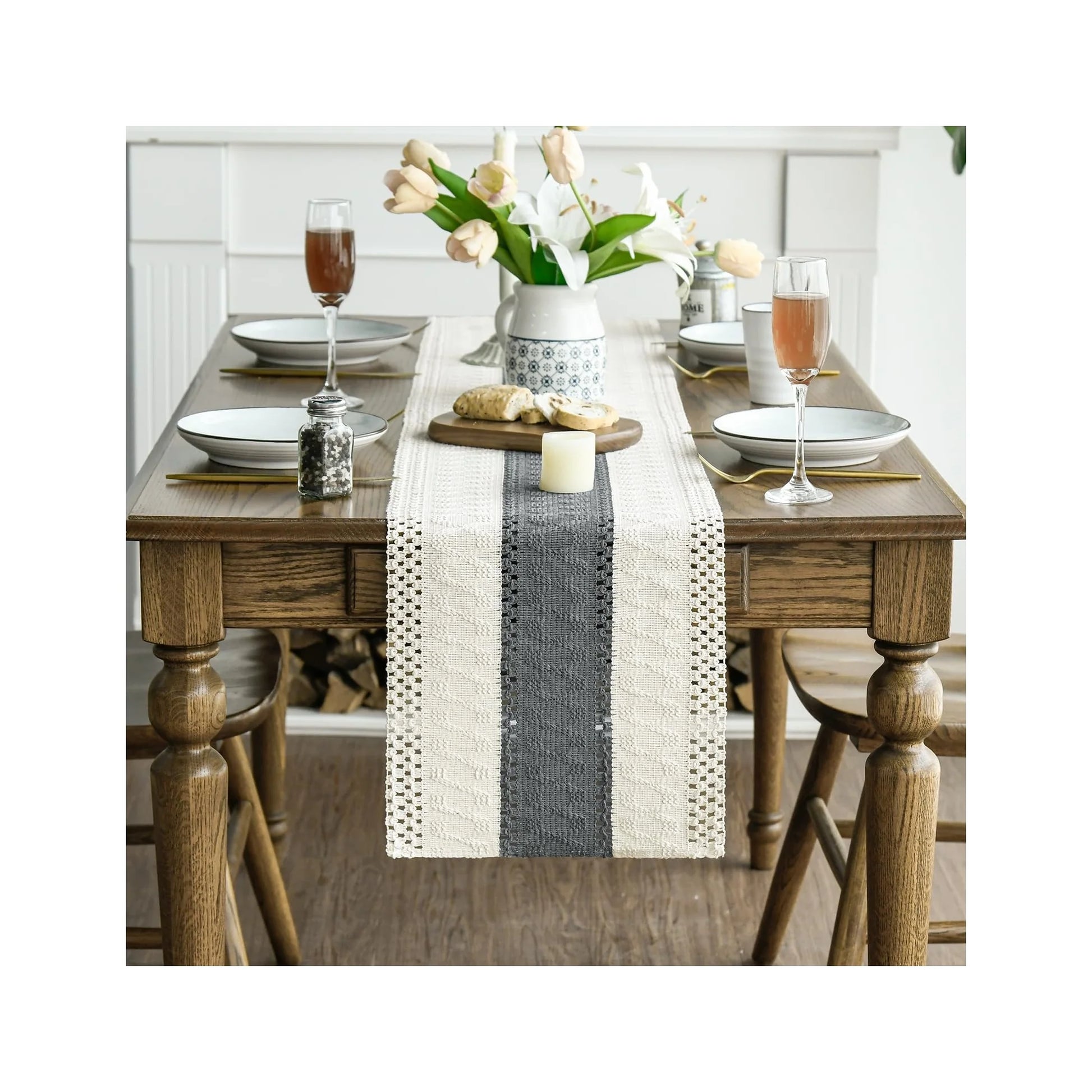 Mode Dark Grey Farmhouse Rustic Table Runner, Seasonal Holiday Hollow Kitchen Dining Table Decoration for Home Party Decor 12X72 Inch