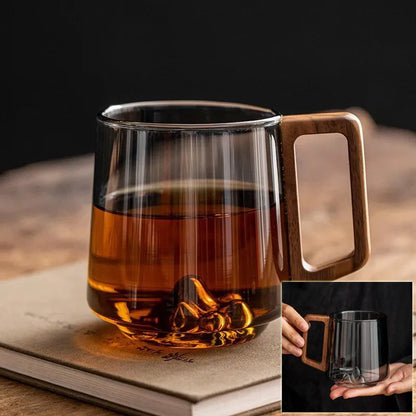 Guanshan Glass Single-Layer Side Wooden Handle Drinking Cups Household Large-Capacity Milk Tea Juice Single-Layer Cup Kitchen Gadgets