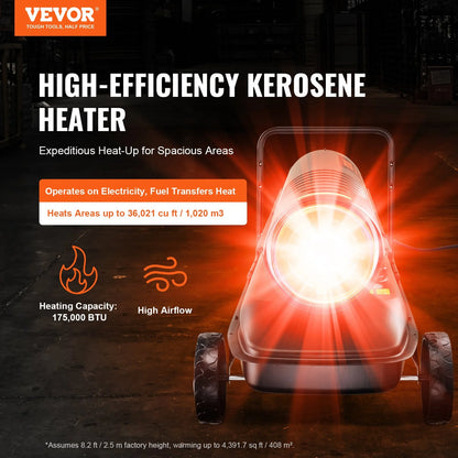 VEVOR Kerosene Forced Air Heater, 175000 BTU Portable Air Space Heater with Thermostat, 13.2 Gallon Tank Energy-Efficient Heavy-Duty Heater, for Indoor Outdoor Use Workshop Industry