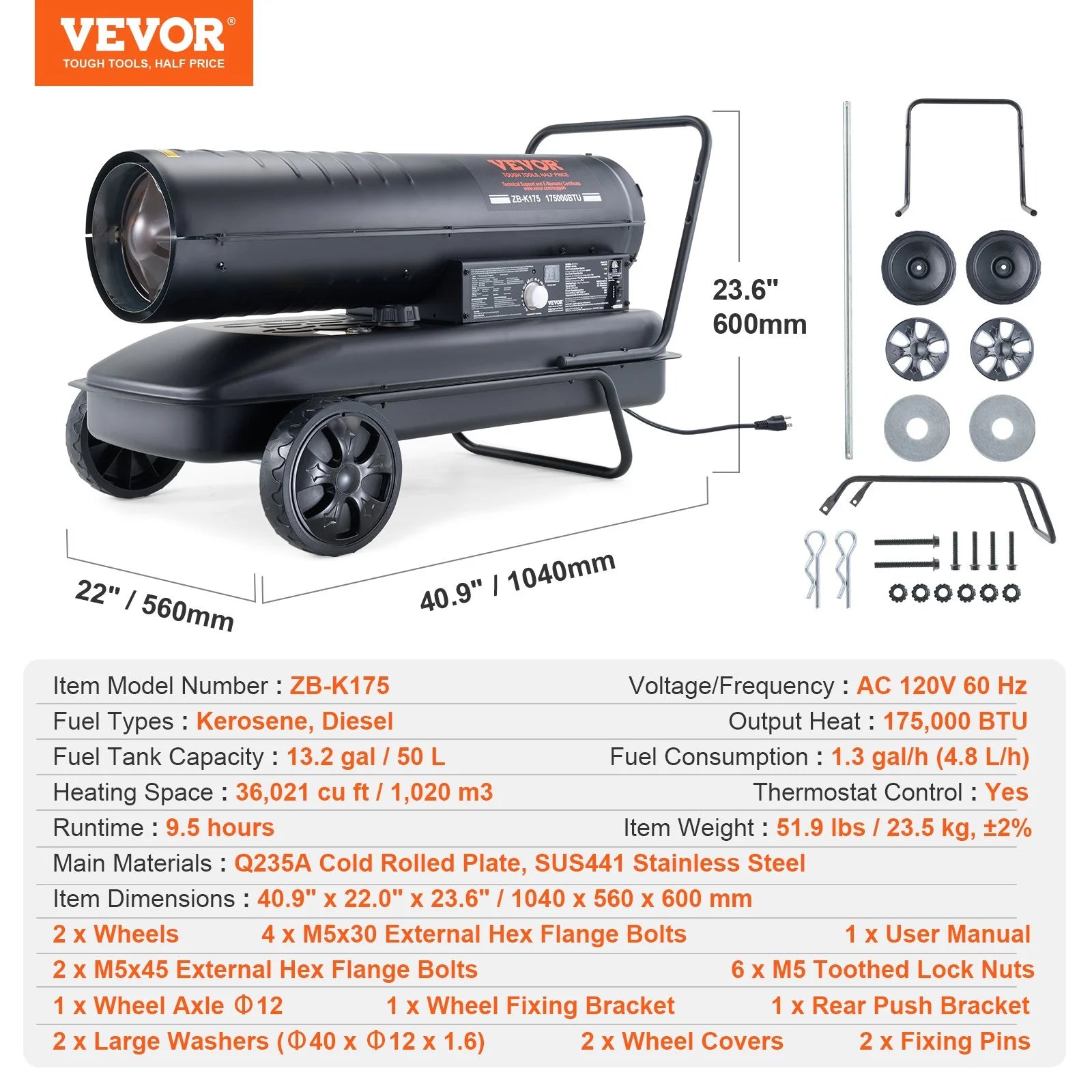 VEVOR Kerosene Forced Air Heater, 175000 BTU Portable Air Space Heater with Thermostat, 13.2 Gallon Tank Energy-Efficient Heavy-Duty Heater, for Indoor Outdoor Use Workshop Industry