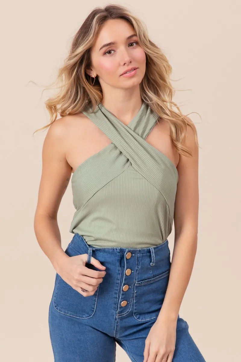 Bibi Rib Knit Cross Neck Banded Top