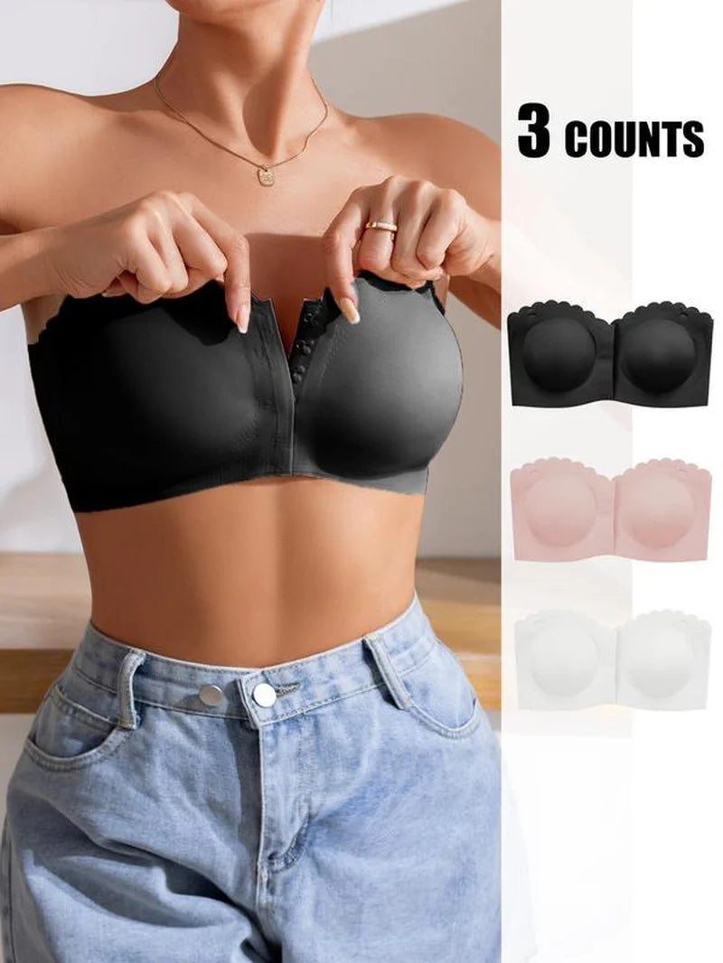Women'S Solid / Leopard Print Strapless Bra, Wireless Push up Bra, Basic Casual Comfortable Breathable Scallop Trim Hook & Eye Front Bralette, Pastel Lingerie for All Seasons, Light Womenswear, Lady Bra Pack, Underwear