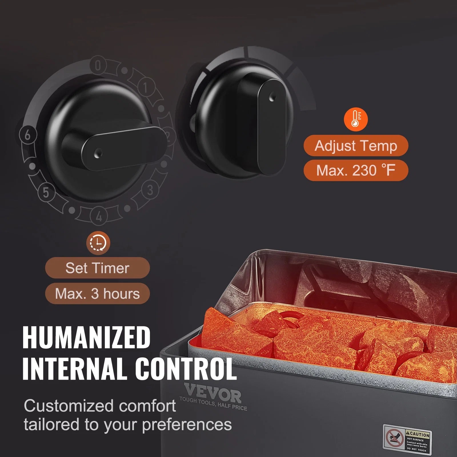 VEVOR Sauna Heater, 4.5KW 220V Electric Sauna Stove, Steam Bath Sauna Heater with Built-In Controls, 3H Timer and Adjustable Temp for Max. 105-210 Cubic Feet, Home Hotel Spa Shower Use, FCC Certification