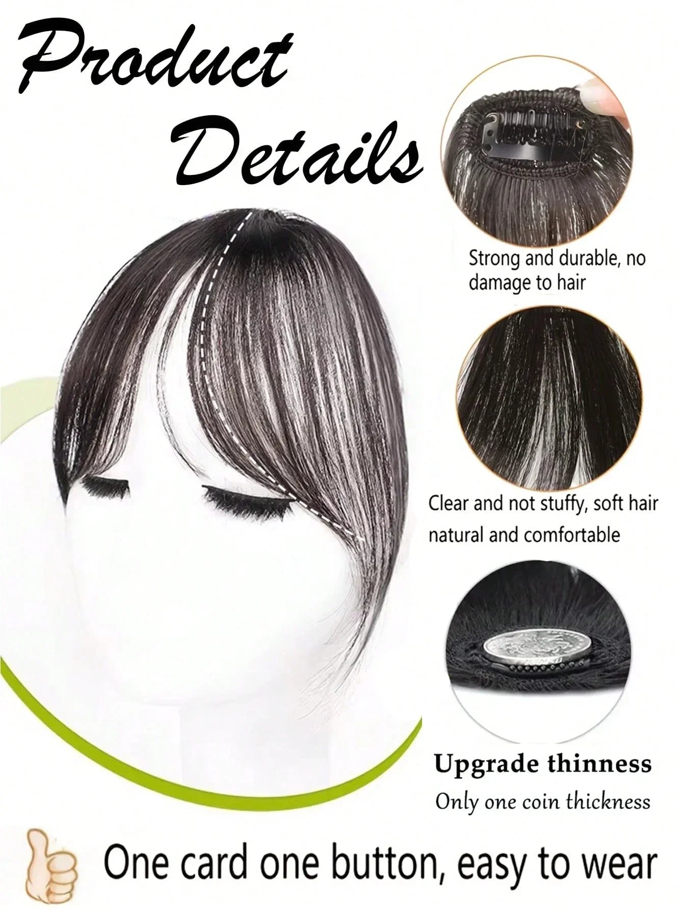 Synthesis Wig Middle-Part Bangs Hair Extensions Clip in Forehead Natural Seamless French Oblique Bangs Eight-Character Bangs