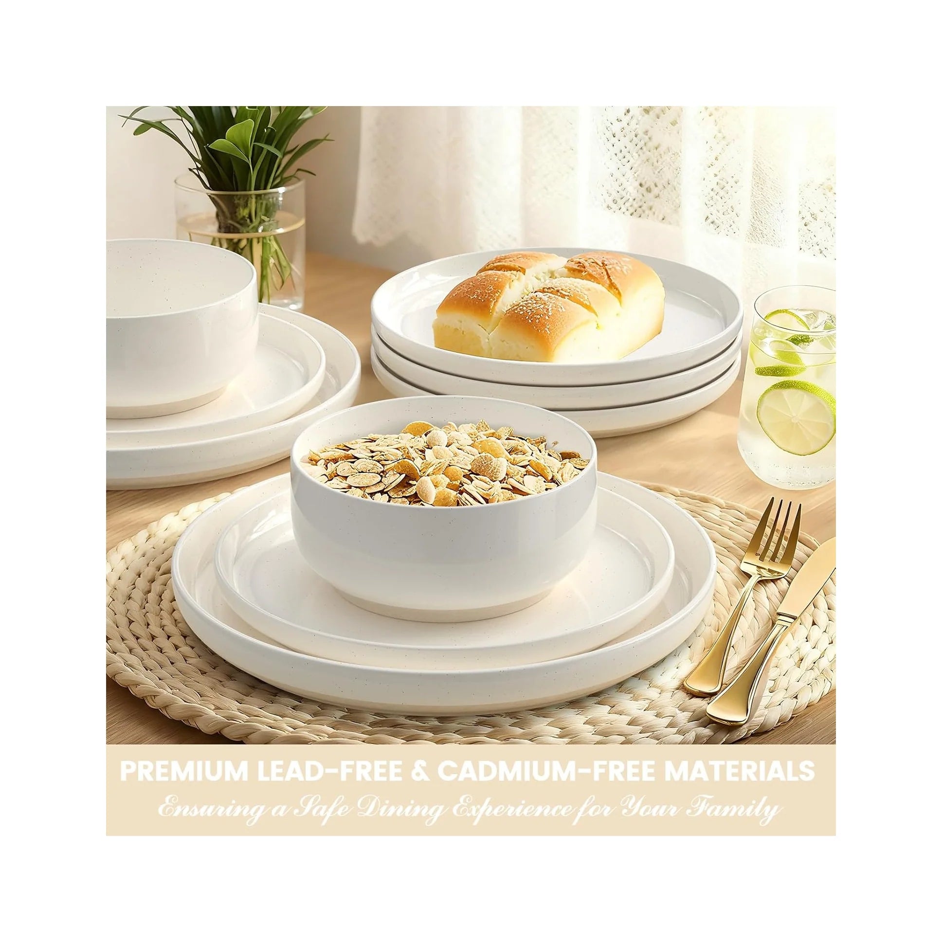 Plates and Bowls Sets, Dinnerware Sets for 4, 12 Pieces Scratch Resistant Dishware Dishes Set, Ceramic Kitchen Dinner Set, Porcelain & Microwave and Dishwasher Safe, Cream White