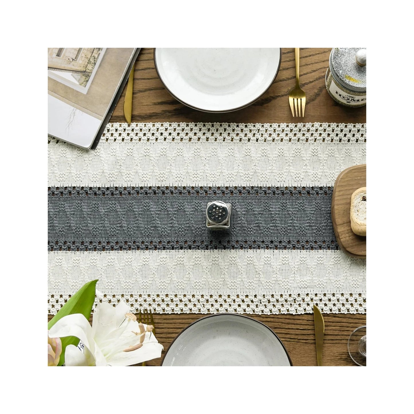 Mode Dark Grey Farmhouse Rustic Table Runner, Seasonal Holiday Hollow Kitchen Dining Table Decoration for Home Party Decor 12X72 Inch