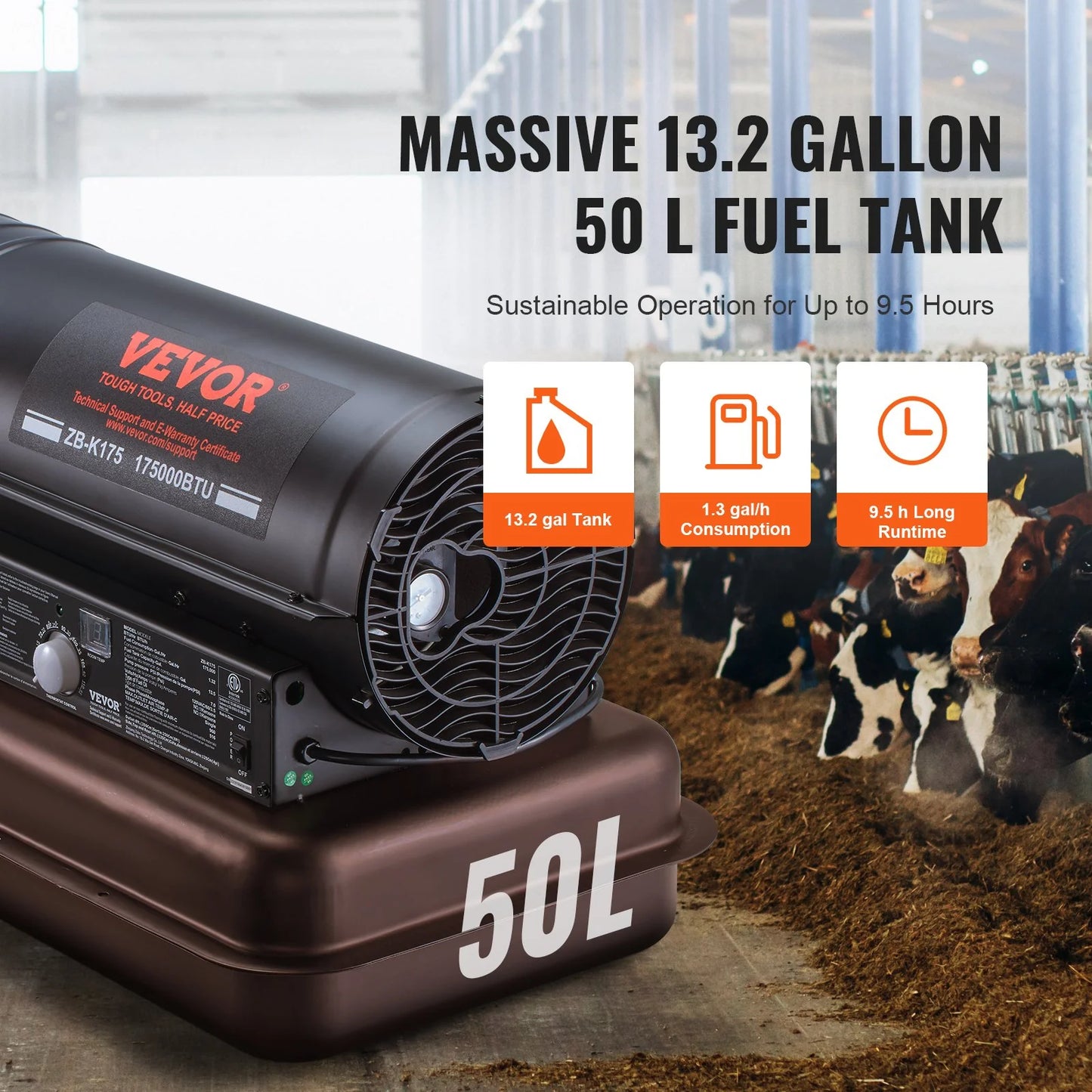 VEVOR Kerosene Forced Air Heater, 175000 BTU Portable Air Space Heater with Thermostat, 13.2 Gallon Tank Energy-Efficient Heavy-Duty Heater, for Indoor Outdoor Use Workshop Industry