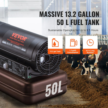 VEVOR Kerosene Forced Air Heater, 175000 BTU Portable Air Space Heater with Thermostat, 13.2 Gallon Tank Energy-Efficient Heavy-Duty Heater, for Indoor Outdoor Use Workshop Industry
