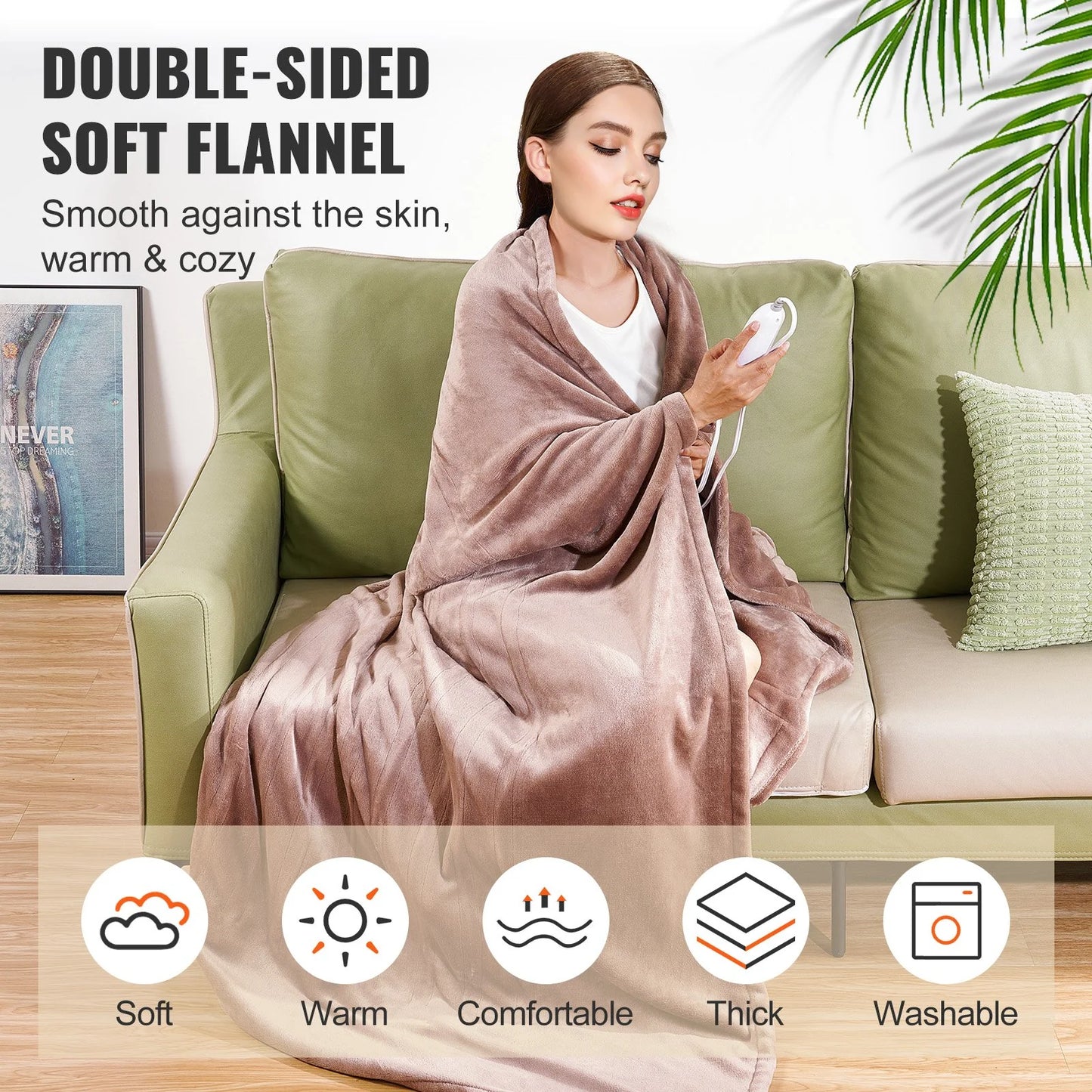 VEVOR Heated Blanket Electric Throw, 100 X 90 King Size, Soft Flannel Heating Blanket with 10 Hours Timer Auto-Off & 5 Heating Levels, Dual Control, Machine Washable, ETL & FCC Certification (Beige)