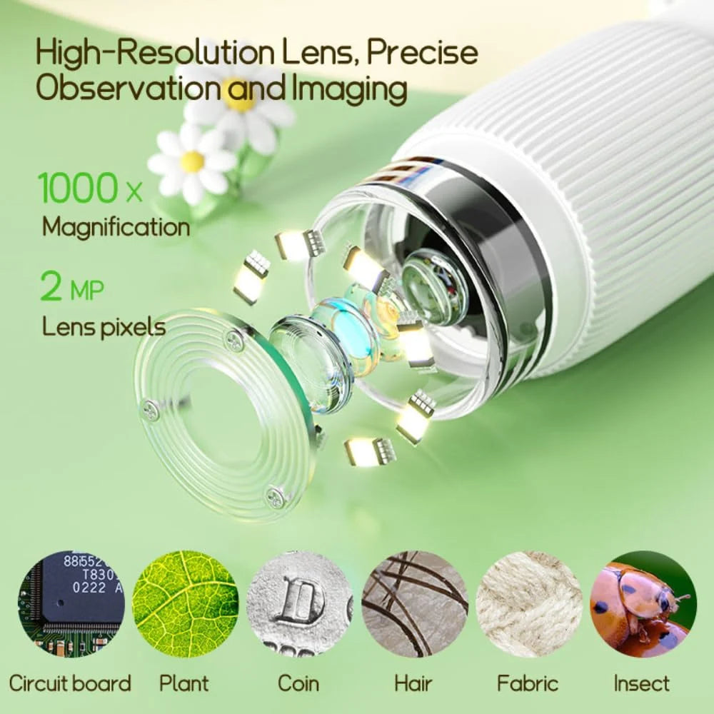 Kids Microscope - 1000X Buggy Lens Portable, Photo & Video, 2'' Digital Screen