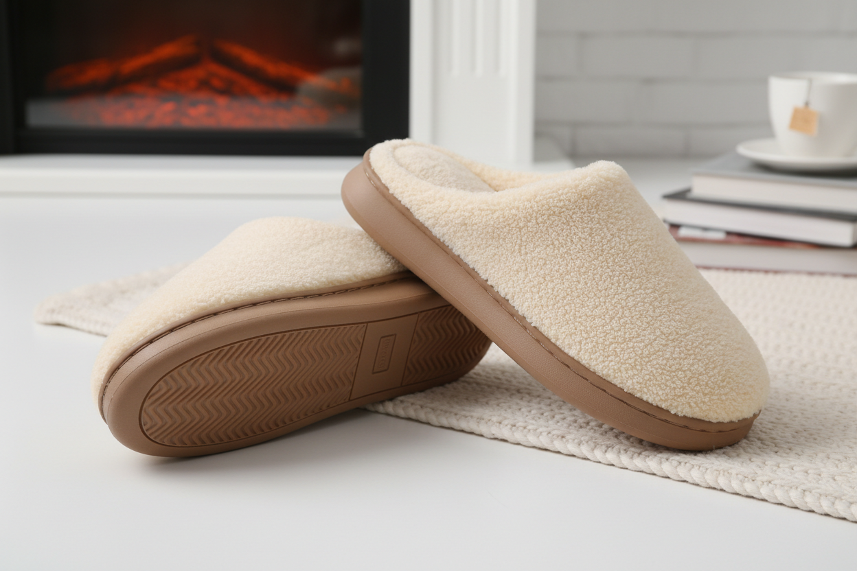 Solid color warm plush cotton slippers for women, indoor non-slip house shoes