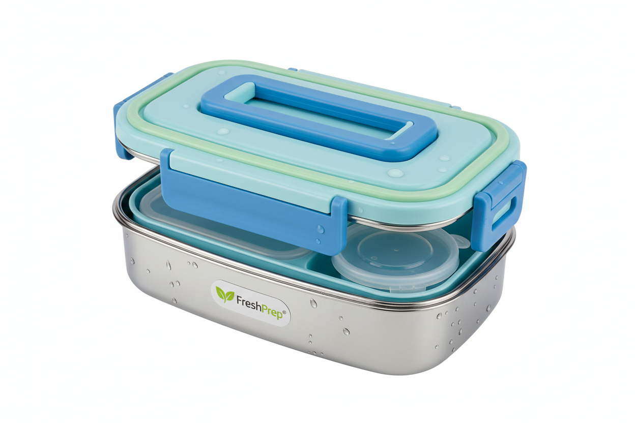 Double-layer insulated divided stainless steel bento lunch box with handle, leak-proof kids and student lunch container