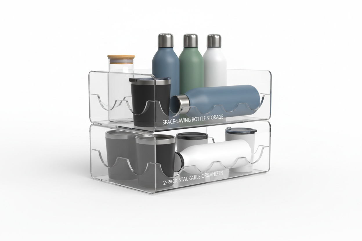 2-pack stackable water bottle organizer for cabinet, space-saving kitchen storage rack