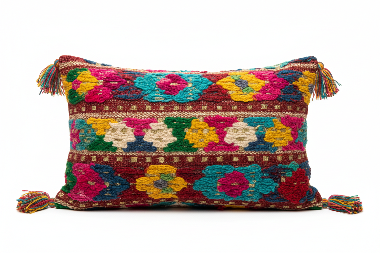Poppy chic woven luxury throw pillow in multi color, decorative boho style accent pillow for sofa and bed