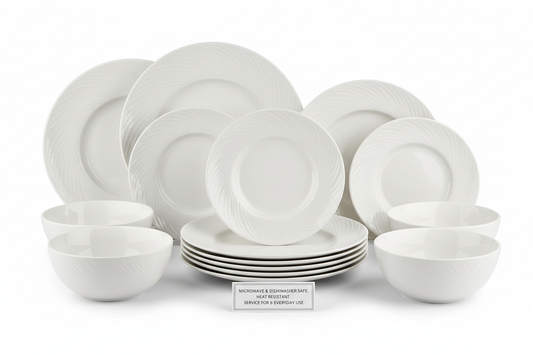 18-piece kitchen dinnerware set, microwave and dishwasher safe plates dishes and bowls with swirl design, service for 6