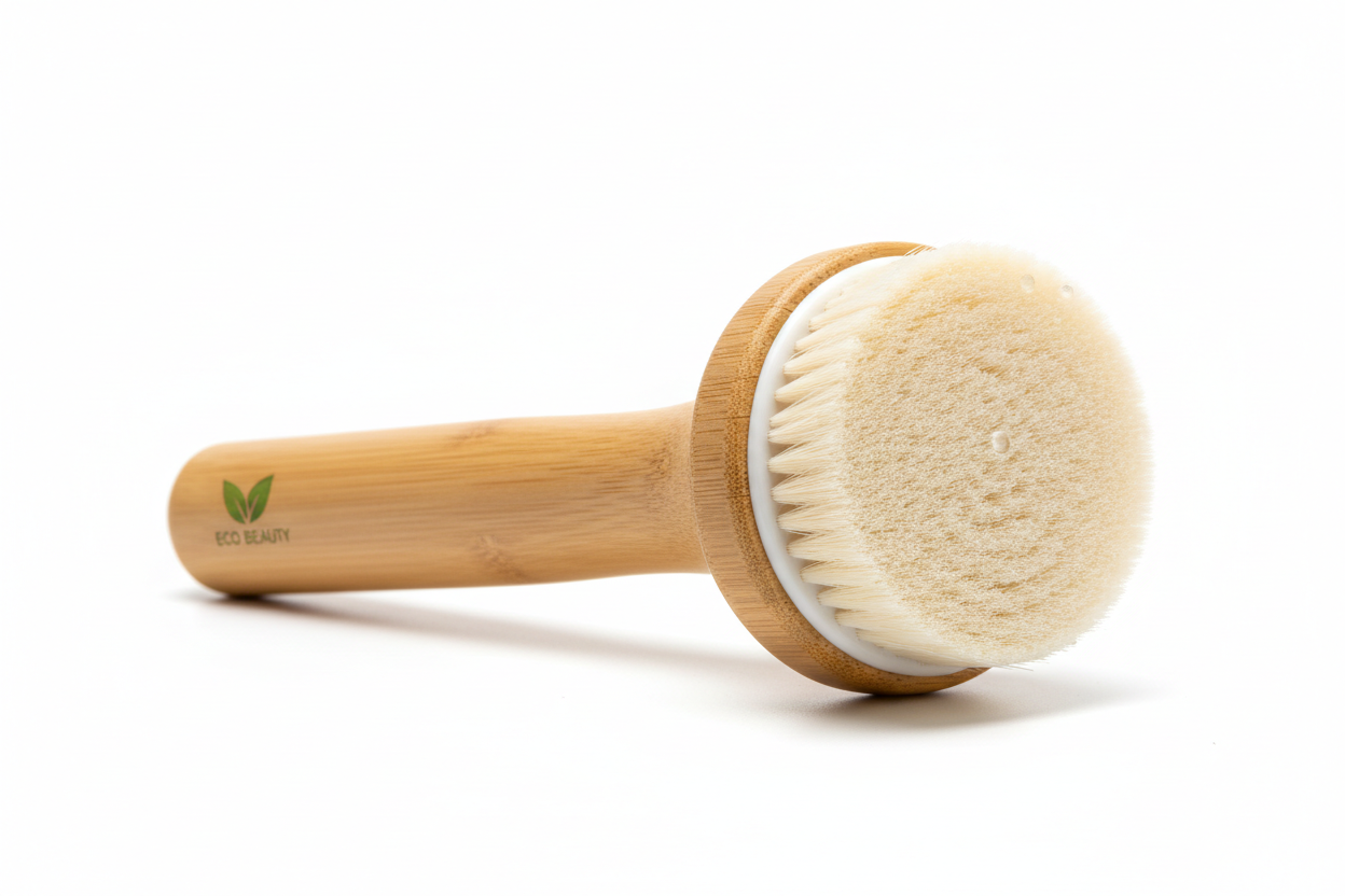 Facial cleansing brush with natural bamboo handle, eco-friendly skincare beauty tool