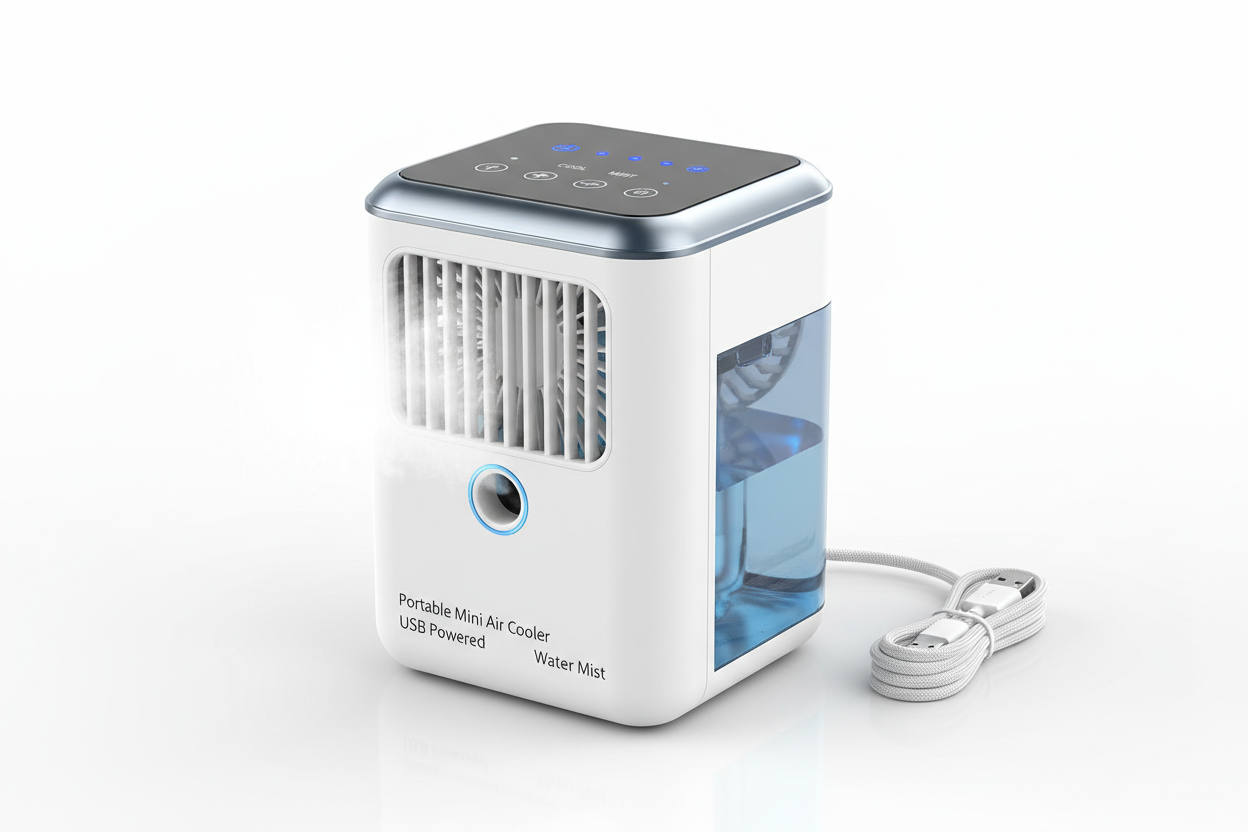 Portable mini air conditioner fan, USB powered personal desktop cooling fan with water mist humidifier