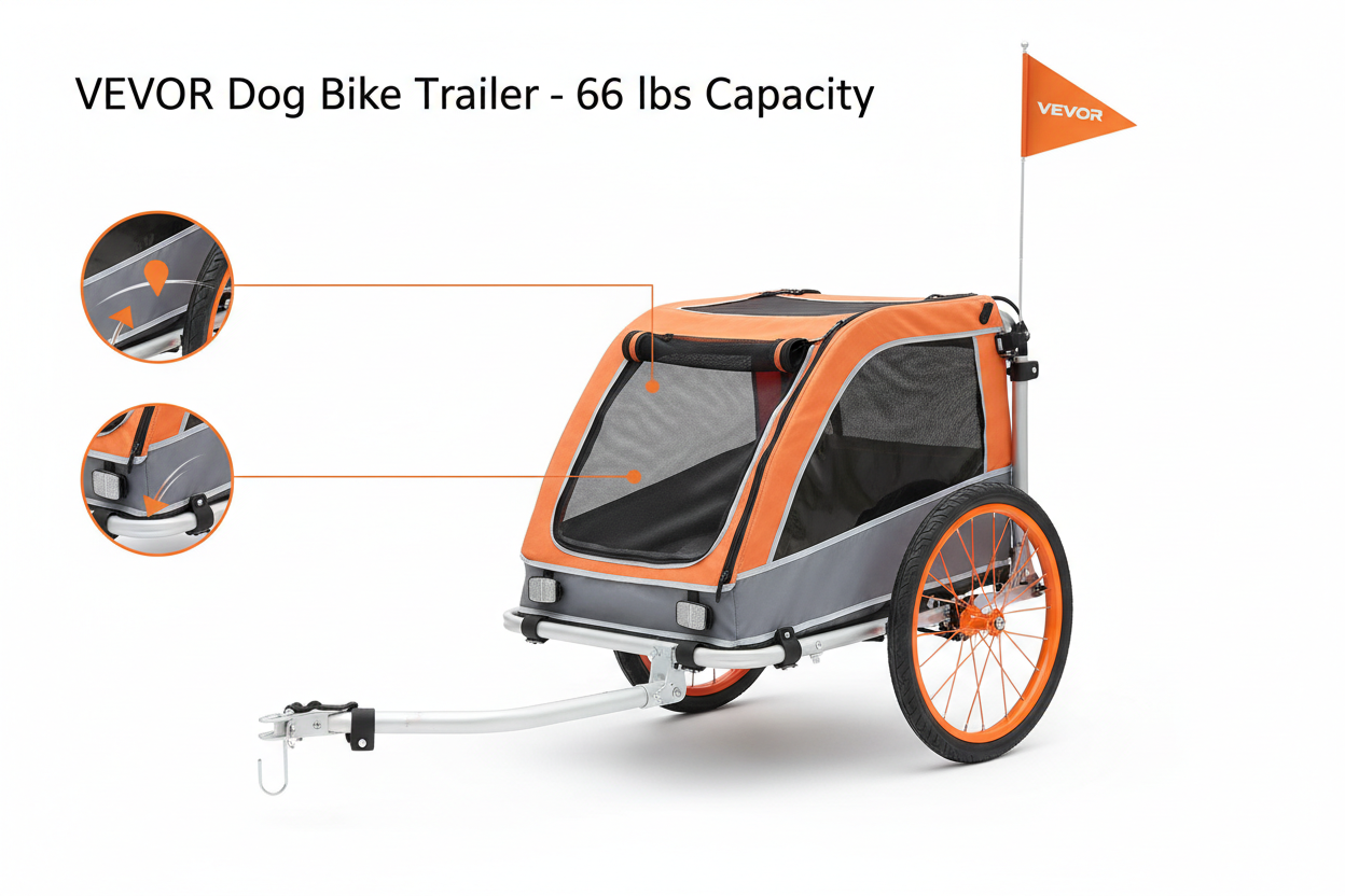 VEVOR dog bike trailer pet cart bicycle carrier with folding frame quick release wheels and reflectors in orange and gray