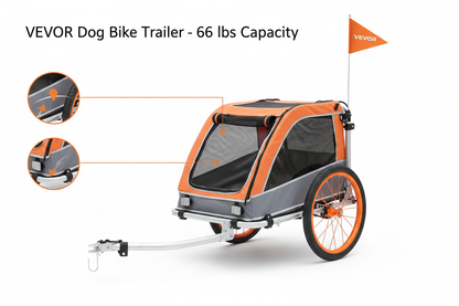 VEVOR dog bike trailer pet cart bicycle carrier with folding frame quick release wheels and reflectors in orange and gray