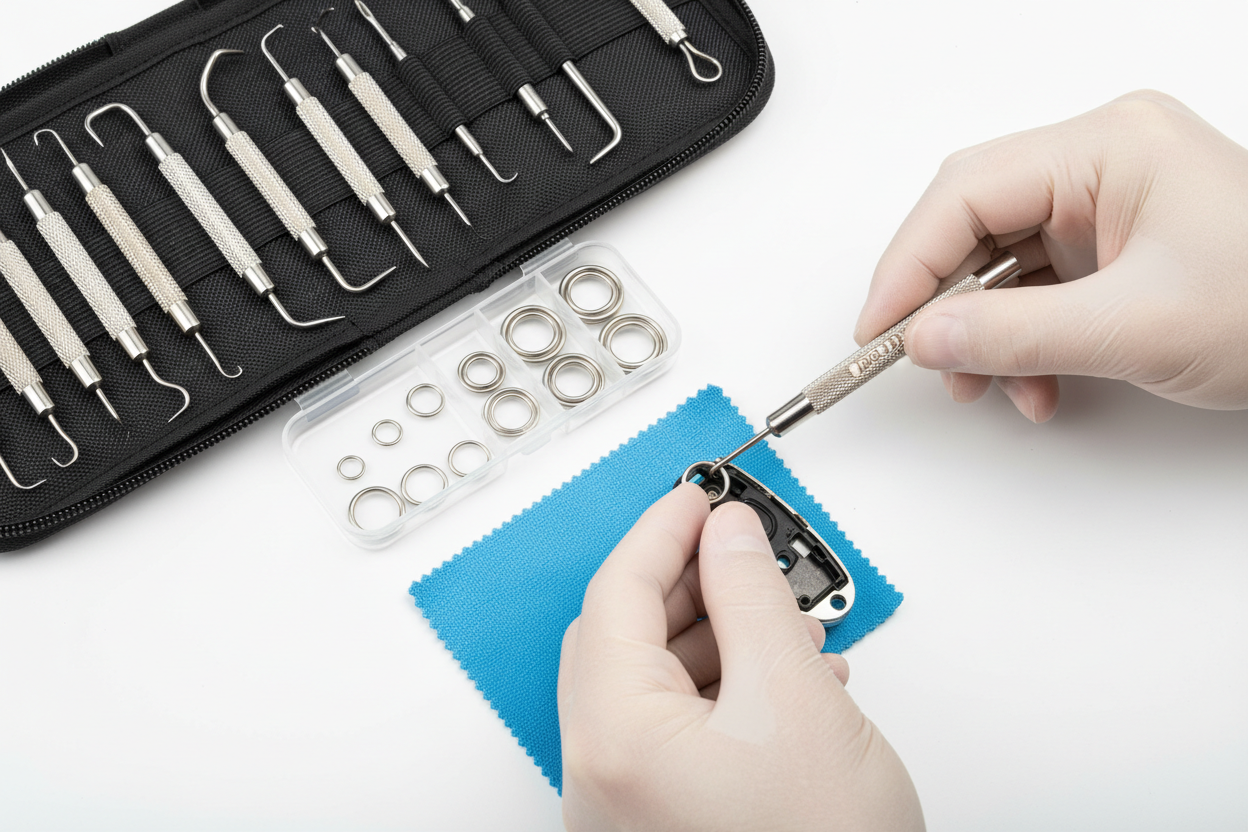 Precision stainless steel hook and O-ring tool kit for key repair and DIY key ring installation