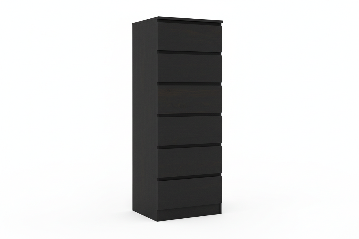 Dresser Kamran five drawers narrow black wengue finish, modern slim bedroom dresser in dark wengue wood finish