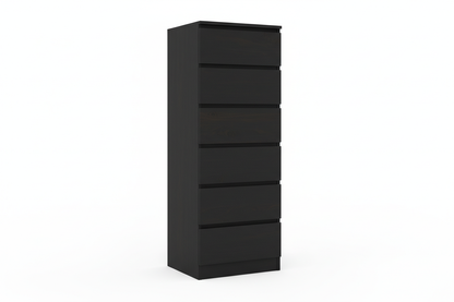Dresser Kamran five drawers narrow black wengue finish, modern slim bedroom dresser in dark wengue wood finish