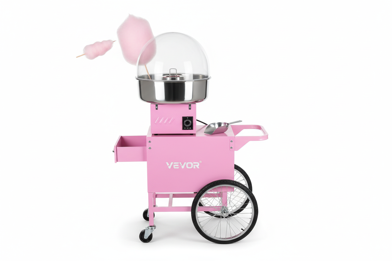 VEVOR electric cotton candy machine with cart 1000W commercial floss maker in pink with stainless steel bowl for parties and events