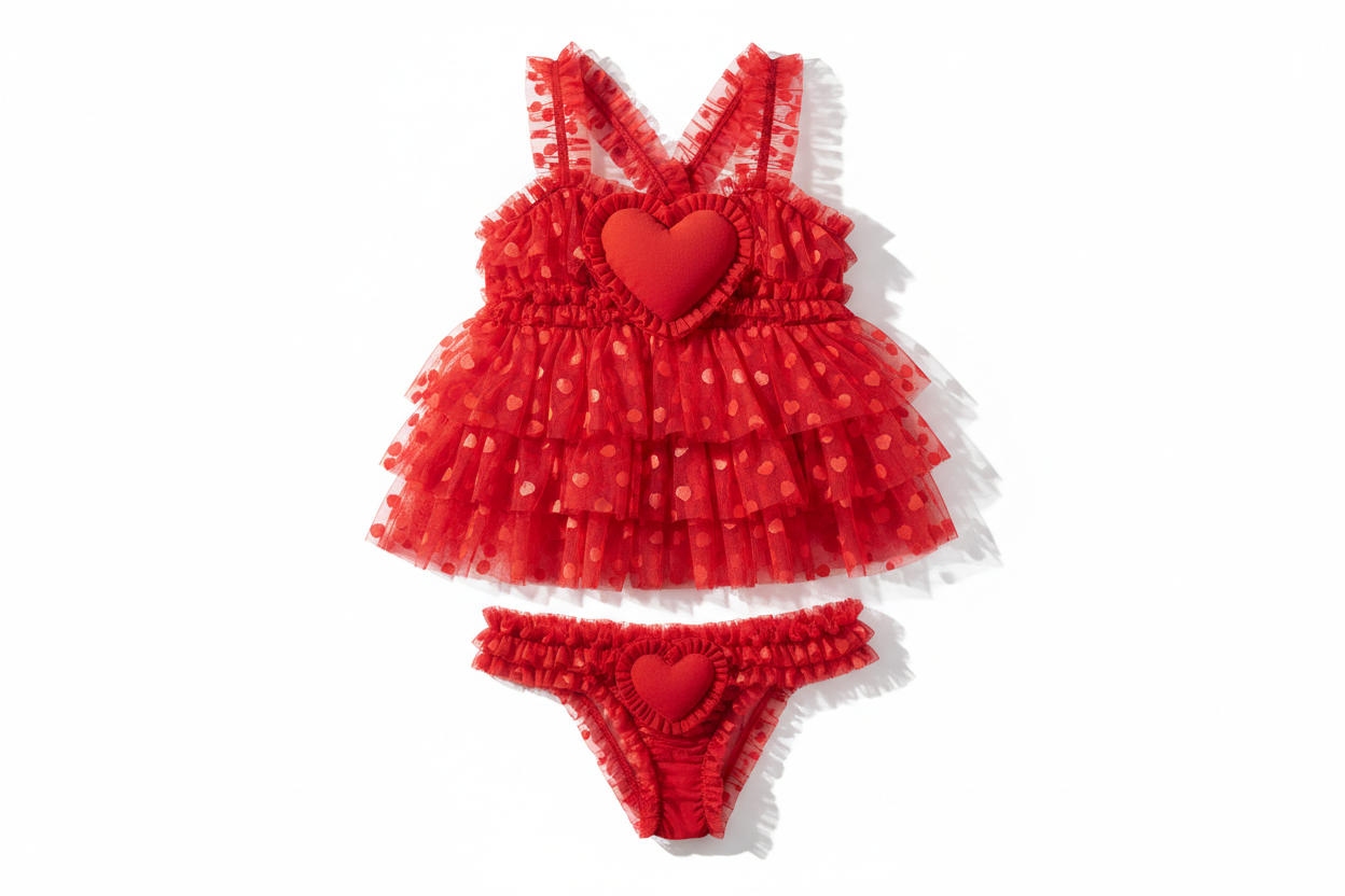 Red heart ruffle mesh babydoll dress two piece lingerie set with ruffles and heart pattern