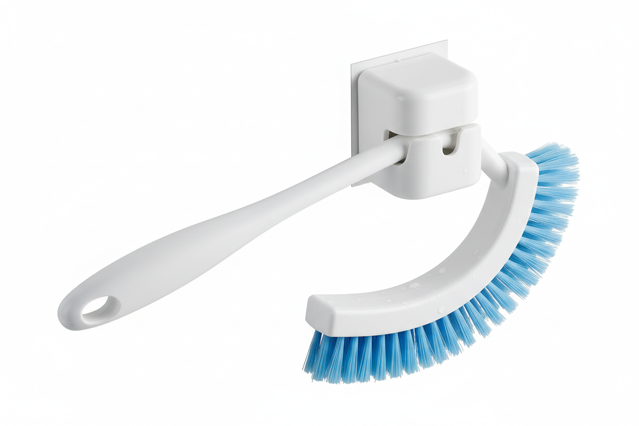 Curved toilet brush with long handle, wall-mounted bathroom cleaning accessory