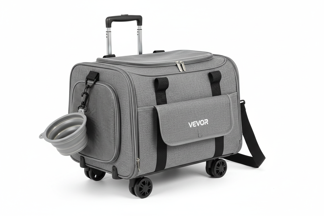 VEVOR cat carrier with wheels, airline approved rolling pet carrier with telescopic handle and shoulder strap in grey