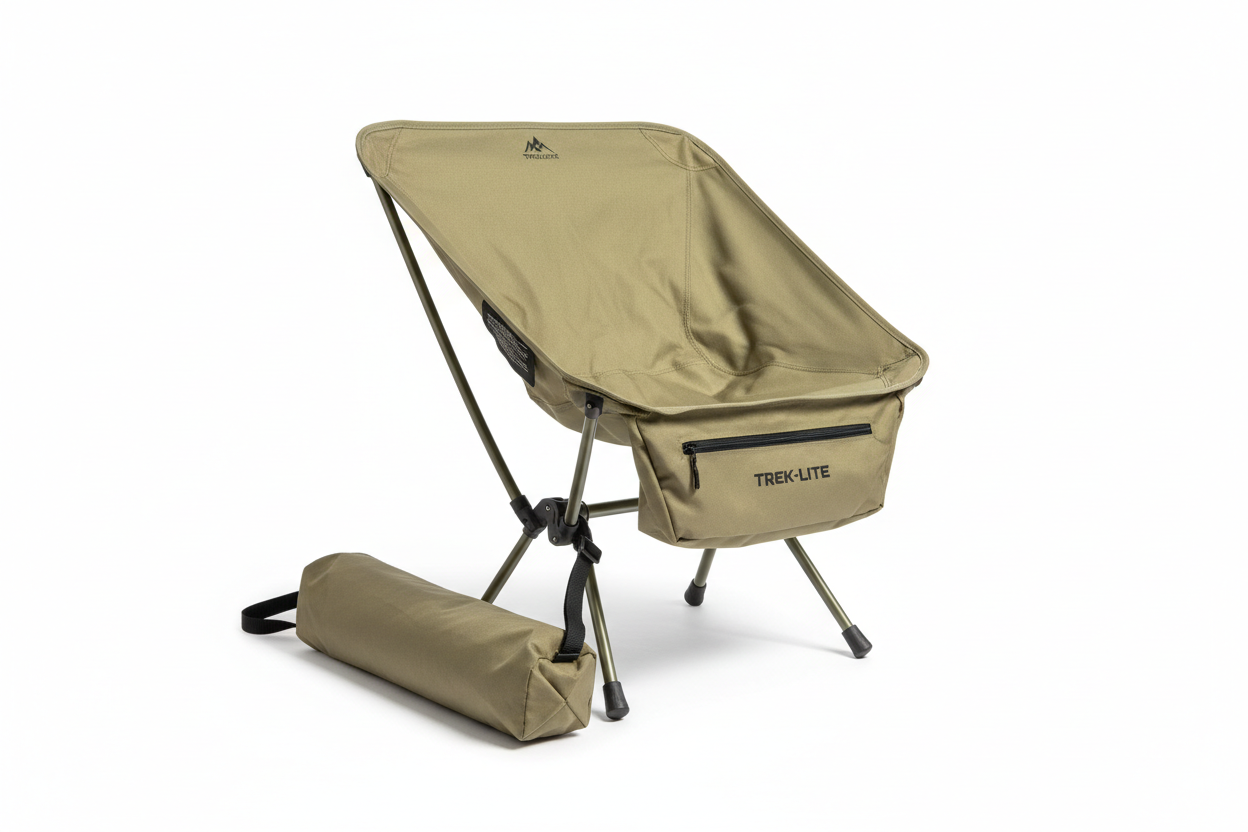 Low back ultralight folding camping chair with storage pouch in khaki, portable lightweight outdoor camp chair