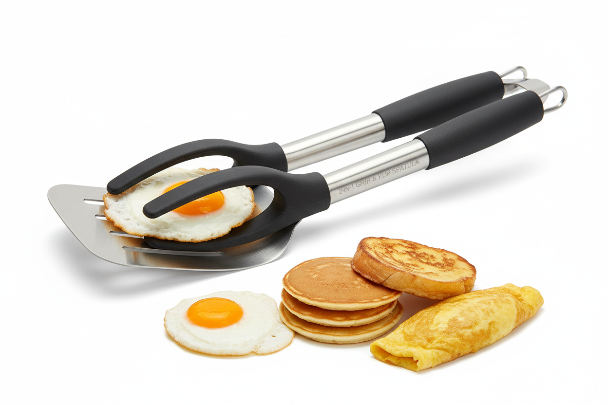 2-in-1 grip and flip tongs egg spatula for pancakes, fried eggs, french toast and omelets