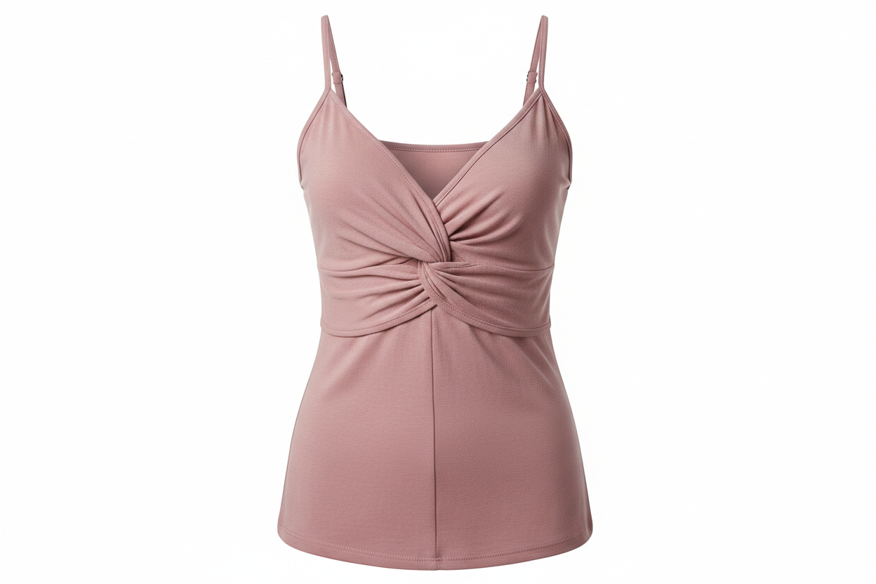 Women's rayon jersey knit cami top with double twist front detail, soft stretchy sleeveless summer top