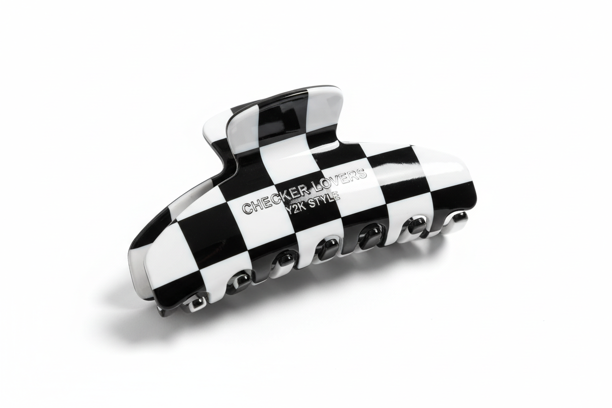 Checker lovers hair claw clip, trendy black and white checkered pattern hair accessory for women and girls
