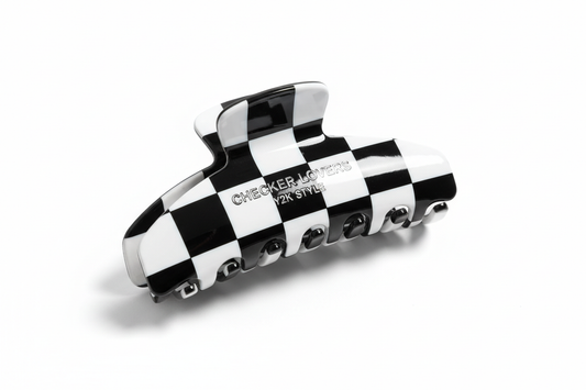 Checker lovers hair claw clip, trendy black and white checkered pattern hair accessory for women and girls