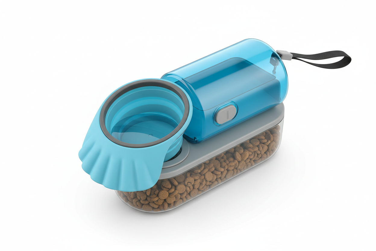 2-in-1 portable dog water bottle with leak-proof drinking bowl and food container for outdoor pet travel