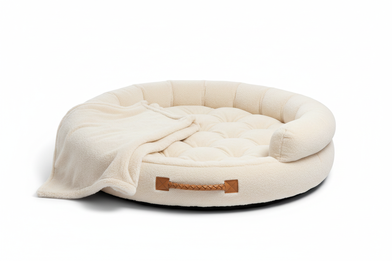 Human dog bed for adults, luxury faux fur giant size orthopedic foam bed with blanket in ivory white
