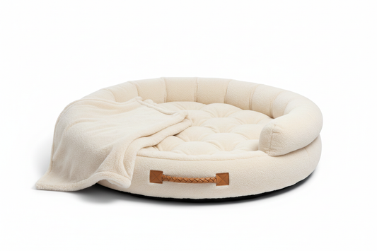 Human dog bed for adults, luxury faux fur giant size orthopedic foam bed with blanket in ivory white
