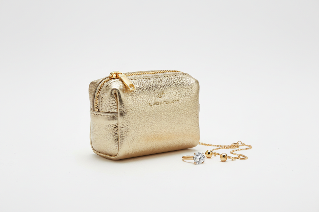 Mini gold genuine leather bag for jewelry rings and accessories, small elegant luxury pouch