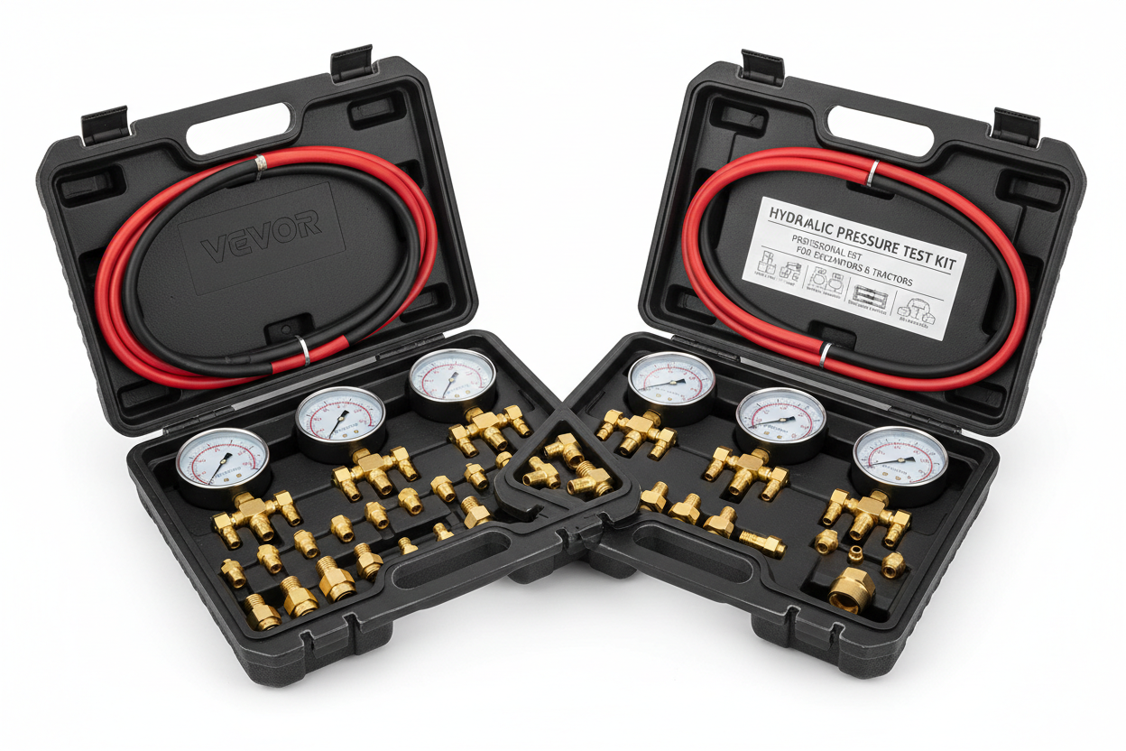 VEVOR hydraulic pressure test kit with 5 gauges, couplings, tee connectors and test hoses in carrying case for excavators and tractors