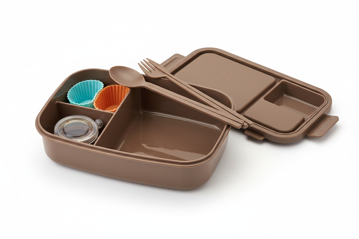 Bento box adult lunch box with 4 compartments, utensils, sauce jar and muffin liners, 40oz microwave and dishwasher safe