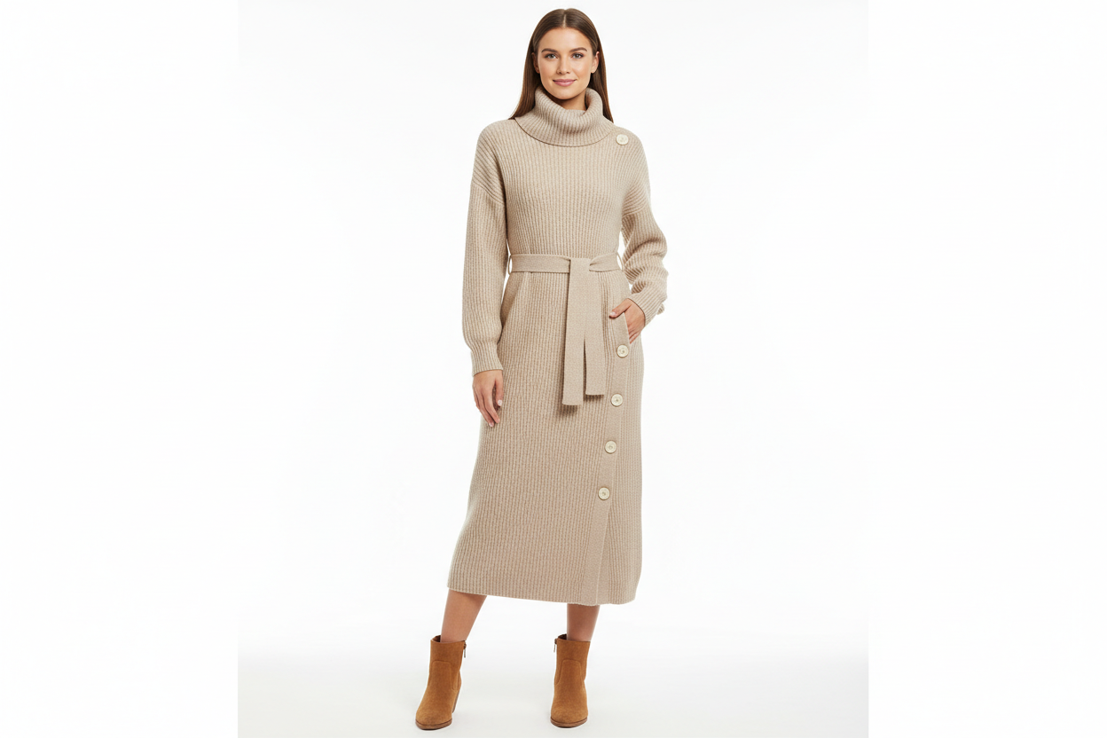 Winter turtleneck long sweater dress with button design, long sleeve clinch base sweater dress for women