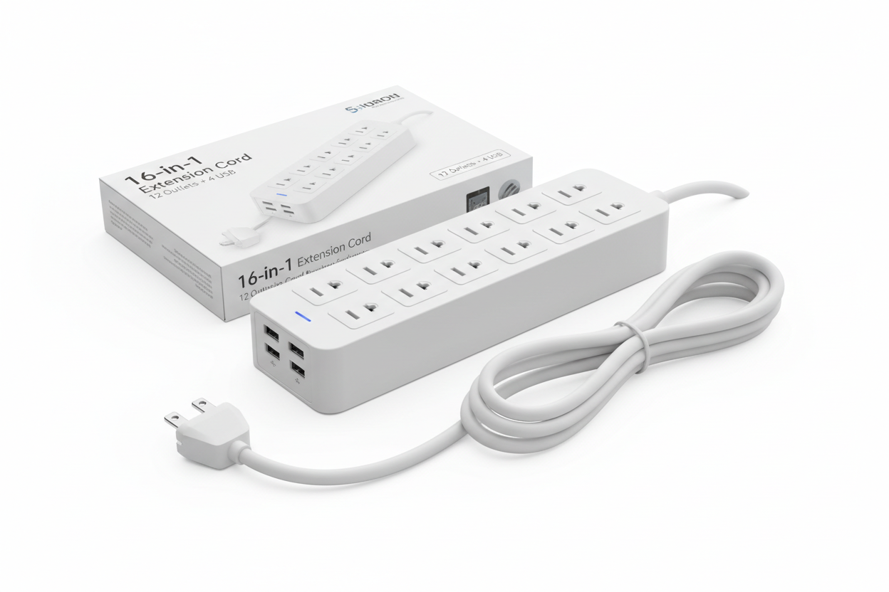 Surge protector power strip with 12 outlets and 4 USB ports, 16-in-1 extension cord with 5ft flat plug