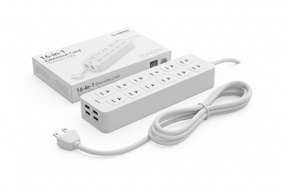 Surge protector power strip with 12 outlets and 4 USB ports, 16-in-1 extension cord with 5ft flat plug